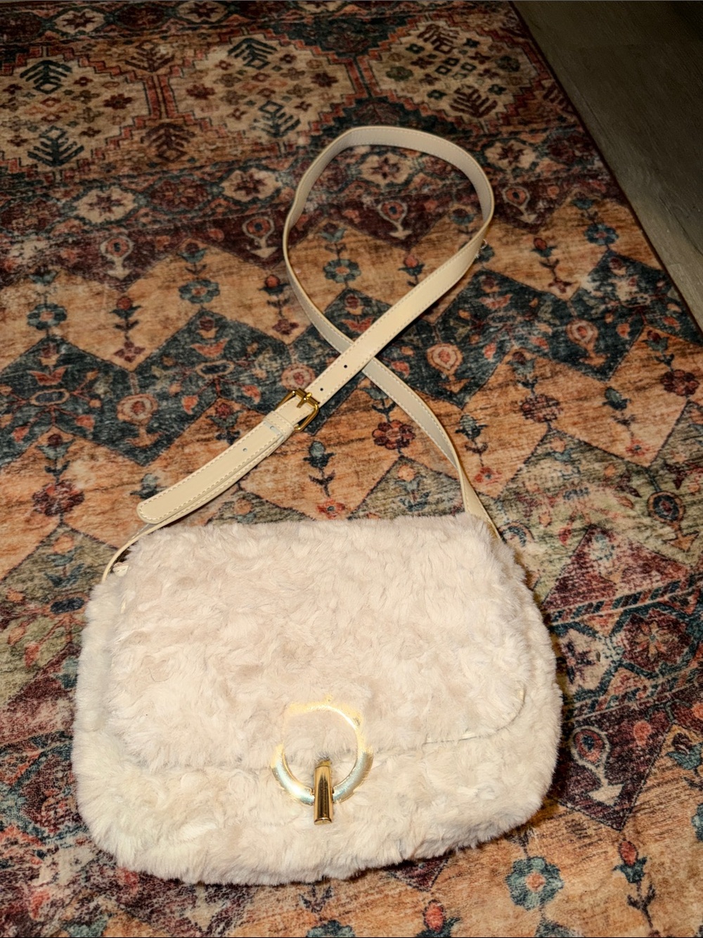 JustFab Cream Faux Fur Crossbody Bag with Gold Ring